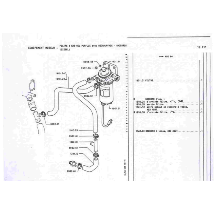 Durite entrée filtre à gasoil Purflux avec rechauffeur  Ref: 1910.24